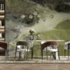 Interior design for a new classic dining hall, table with chairs marble wall paper mural