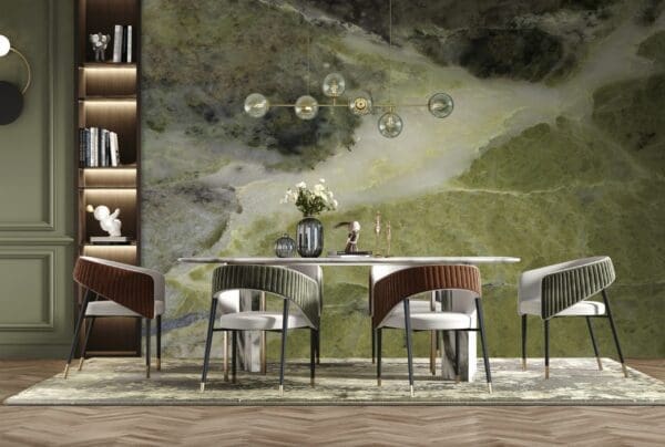 Interior design for a new classic dining hall, table with chairs marble wall paper mural