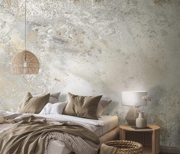 Wooden bedroom design with gallery wall frame mockup in loft apa concrete wall paper mural