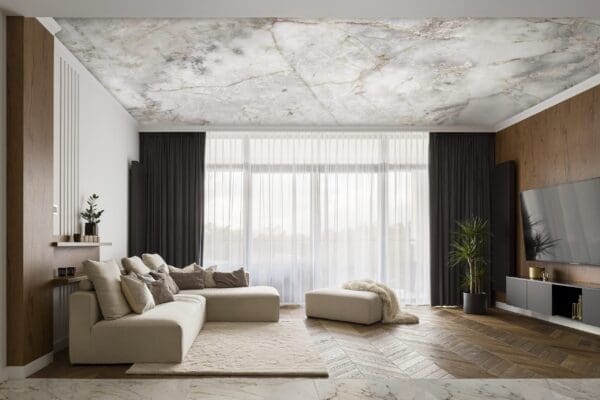 Living room with wooden decoration marble wall paper mural on ceiling