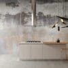 Stylish modern kitchen interior with a breakfast bar and a chand concrete wall paper mural