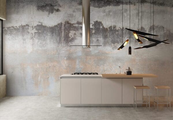 Stylish modern kitchen interior with a breakfast bar and a chand concrete wall paper mural
