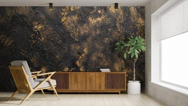 Interior of modern living room 3D rendering rough stone wall paper mural