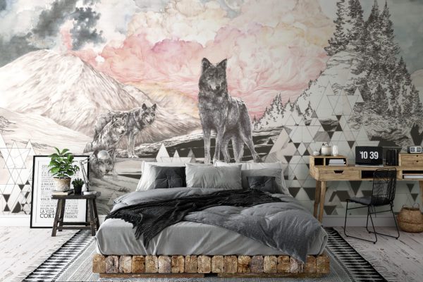 Wall paper mural of wolves on mountain