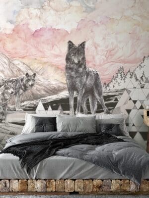 Wall paper mural of wolves on mountain