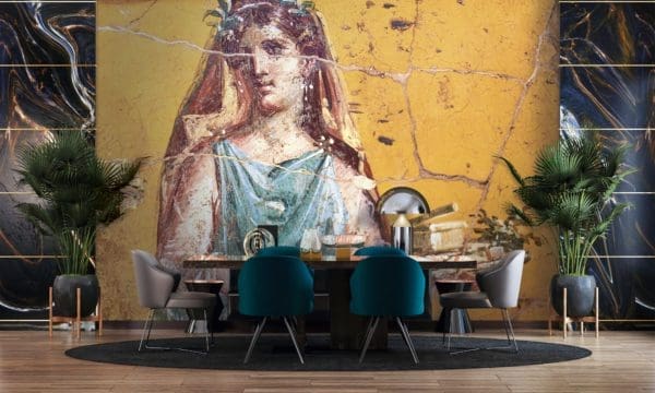 Modern dining room design of wallpaper and black marble decorative mural Modern dining room design of wallpaper and black marble decorative mural
