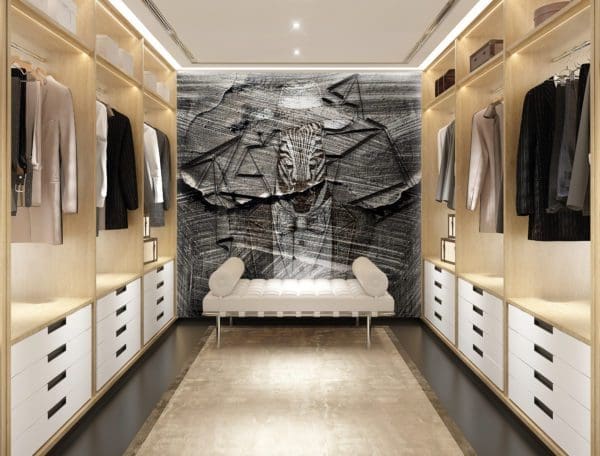 Luxury modern light wood dressing room with daybed Luxury modern light wood dressing room with daybed and charcoal zebra wallpaper mural