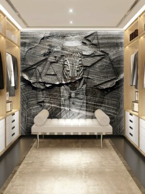 Luxury modern light wood dressing room with daybed and charcoal zebra wallpaper mural
