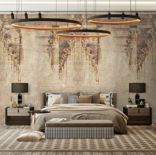 Luxurious design hotel bedroom with wood on the wall.