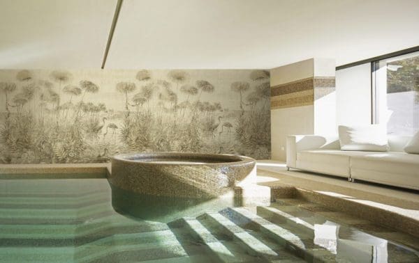 Indoor pool of private villa with wetlands mural