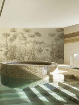 Indoor pool of private villa with wetlands mural