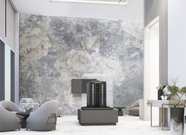 Reception lobby with wall mural and white marble floor and table Reception waiting area lobby with wall decorate sales gallery on white marble floor