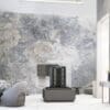 Reception lobby with wall mural and white marble floor and table Reception waiting area lobby with wall decorate sales gallery on white marble floor