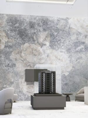 Reception waiting area lobby with wall decorate sales gallery on white marble floor