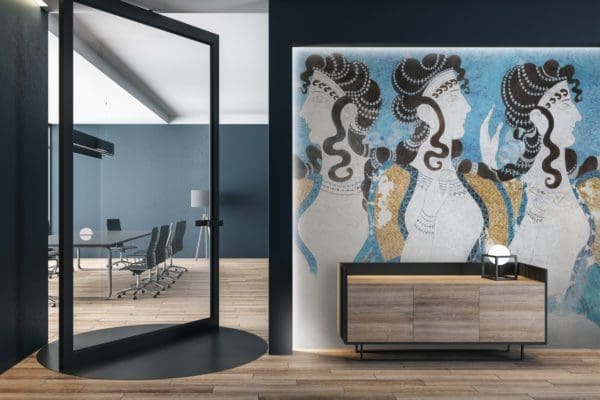 Wallpaper mural outside conference room Minimalistic conference interior with modern swing door.