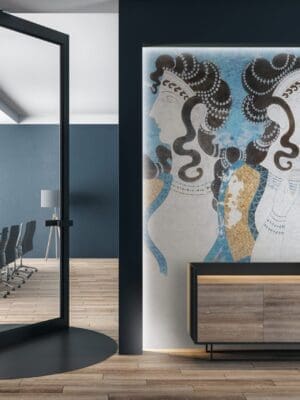 Minimalistic conference interior with modern swing door.