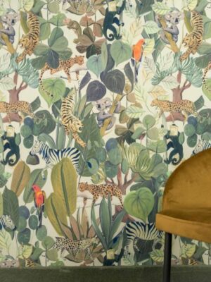 A chair in front of a Melbourne Wallpaper from the Rainforest Collection by KANVAZZ.