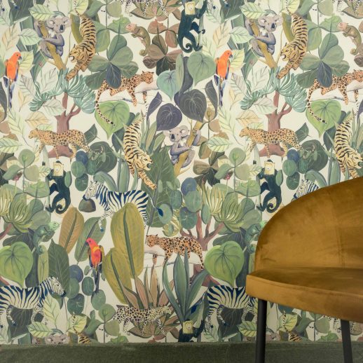 A chair in front of a Melbourne Wallpaper from the Rainforest Collection by KANVAZZ.
