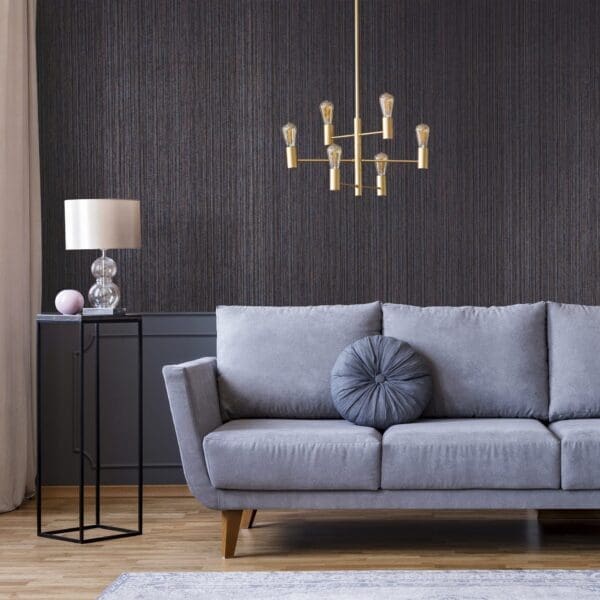 Real photo of dark living room interior with glass lamp, floral JUPITER OCEAN BLUE