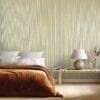 Home interior mockup with orange bed, bench and lamp in bedroom, JUPITER SAGE GREEN