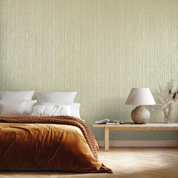 Home interior mockup with orange bed, bench and lamp in bedroom, JUPITER SAGE GREEN