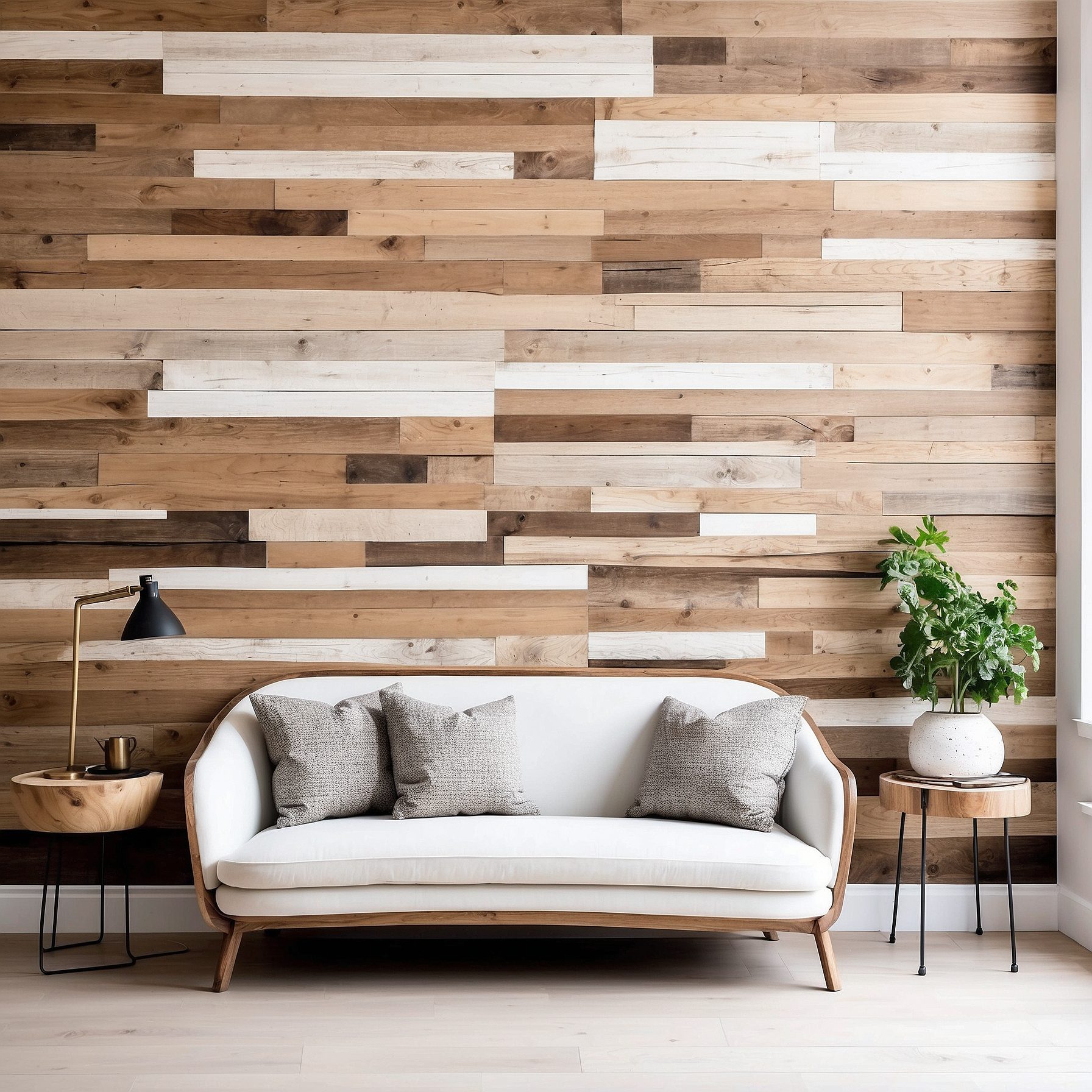 A living room with a wall covered in Vintage Wood Wallpaper.