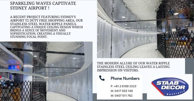 Our Stainless Steel Water Ripple Panels featured at Sydney's T2 Duty Free shopping area.